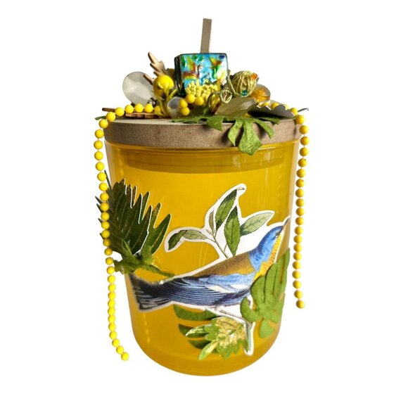 Blue Bird Upcycled Assemblage Art Upcycled Candle Holder Yellow Glass Storage - Picture 4 of 10